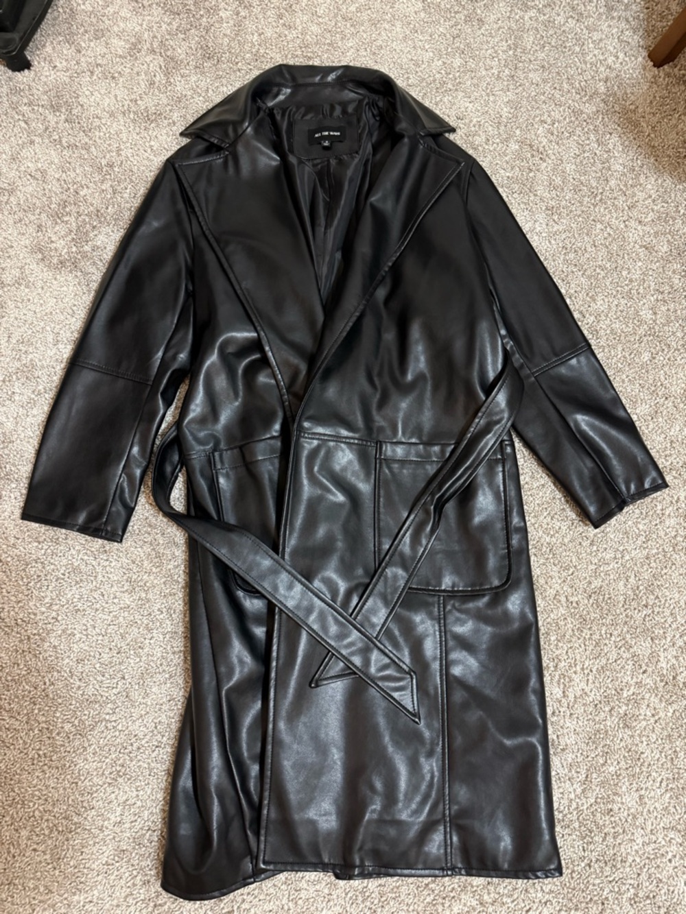 Women's Black Faux Leather Belted Trench Coat